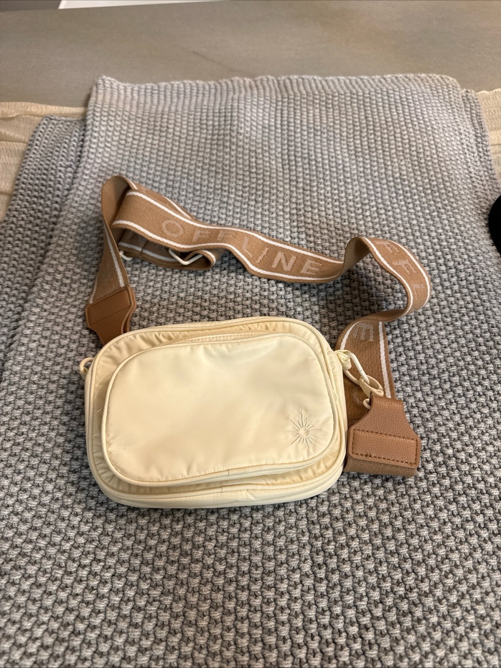 Cream Crossbody Belt Bag with Branded Brown Strap